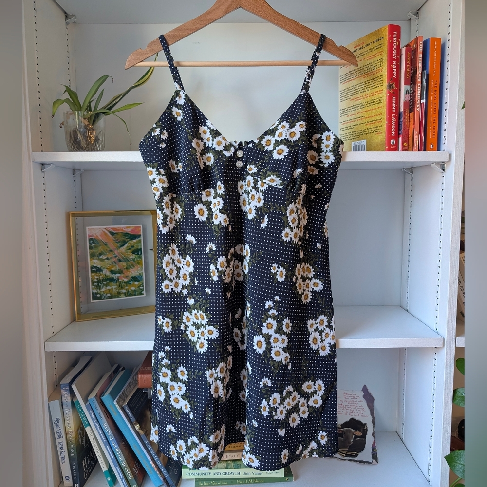 Y2K Women's Mini Slip Dress Floral Daisy Navy Blue White Polka Dot Size Large